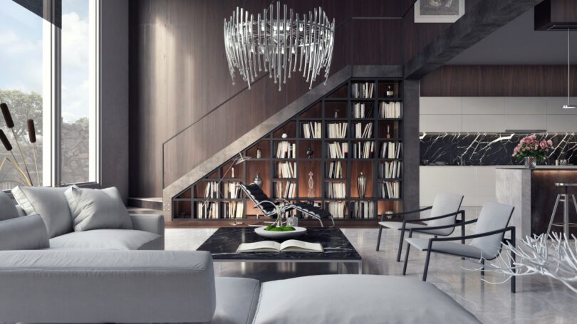 Luxury Interior Chandelier Bookshelf Mansion