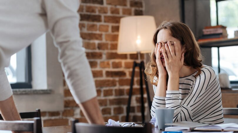 Couple Fighting Desk Woman Feeling Defeated