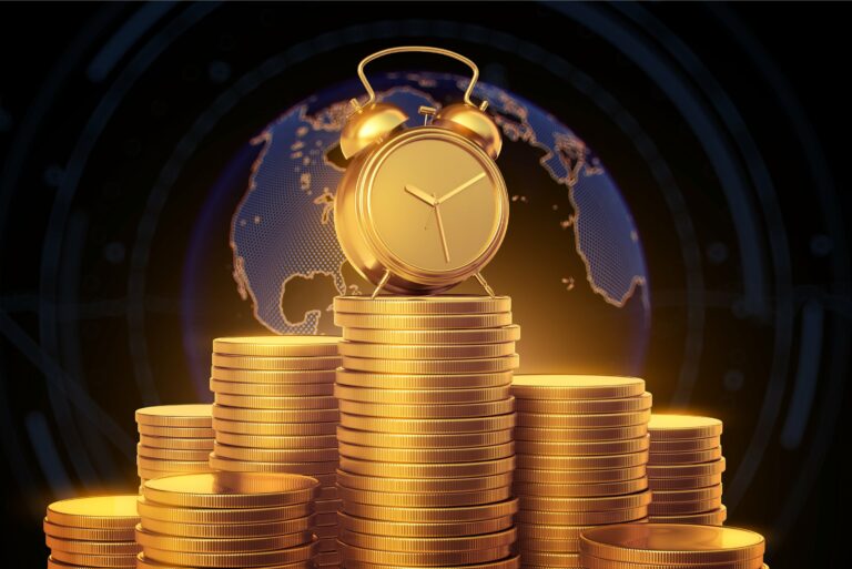 Stack Of Gold Coins With Alarm Clock On Top Globe